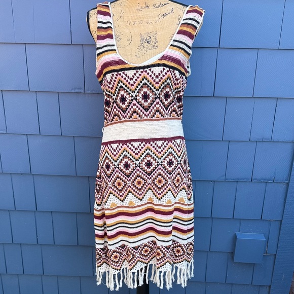 Idyllwind Dresses & Skirts - Idyllwind Colorful Knit Midi Dress granny squares burgundy pink